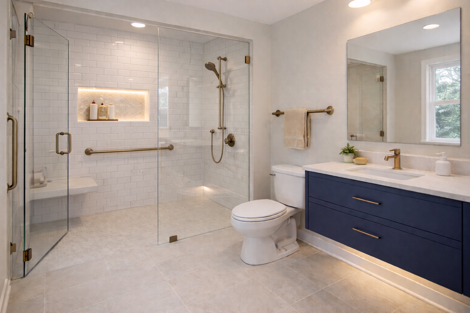 ADA-compliant shower renovation with dark blue cabinet by Western Renovations